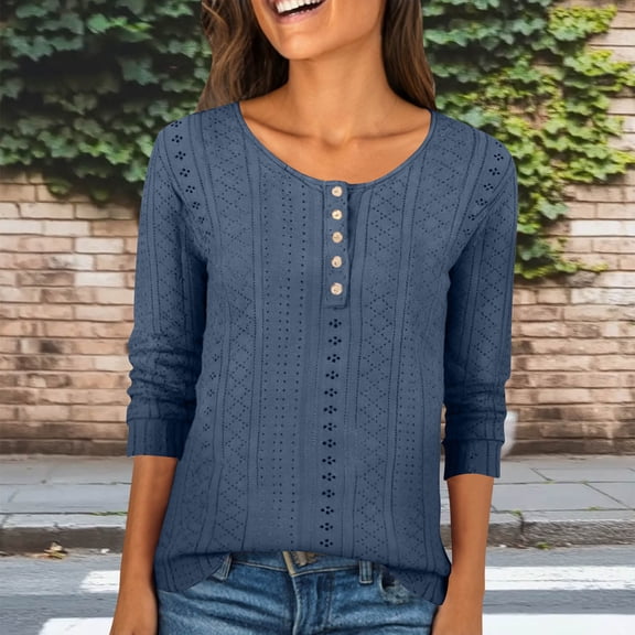 ICHUANYI Women's 3/4 Sleeve T-Shirts Crew Neck Buttons Cute Casual Tunic Tops Basic Tees Blouses Loose Fit Pullover