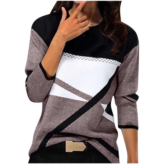 ICHUANYI Women's Casual Geometry Print T-shirt Long Sleeve Pullover Crew Neck Casual Tops New Trend