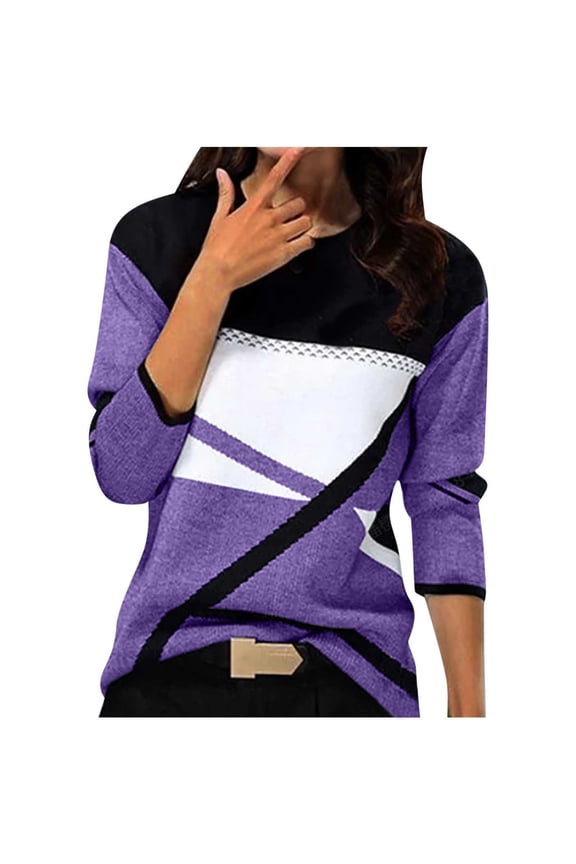 ICHUANYI Women's Casual Geometry Print T-shirt Long Sleeve Pullover Crew Neck Casual Tops New Trend
