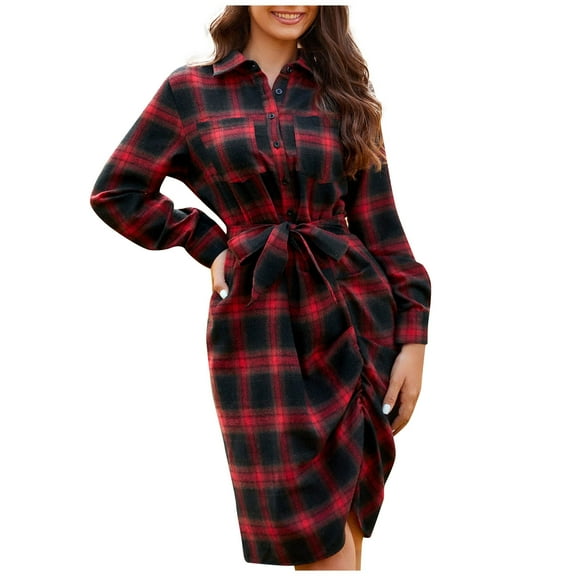 ICHUANYI Women's Casual Plaid Print Buttons Shirt Buttock Dress Pleated Belt Irregular Long-sleeve Crew Neck Dresses Spring Summer Fashion 2024