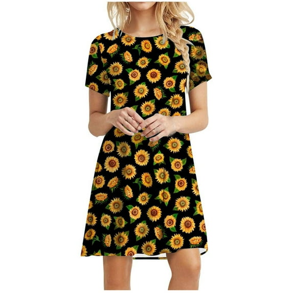 ICHUANYI Women's Casual Plain Loose Short Sleeve Loose Dress Floral Print Sunflower Print Dress