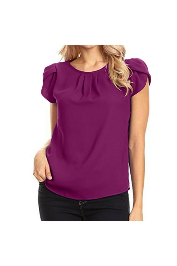 ICHUANYI Women's Casual Round Neck Basic Pleated Top Cap Sleeve Solid Chiffon Blouse