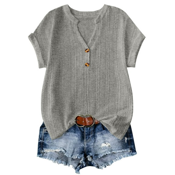 ICHUANYI Women's Casual Short Sleeve T Shirts Summer Button V Neck Tops Loose Fit Tee Shirt Blouse