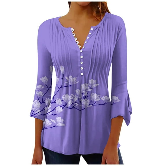 ICHUANYI Women's Casual Trumpet 3/4 Sleeve Print Buttoned Basic Ruched Tops Pleated T-shirts Blouses New Trend