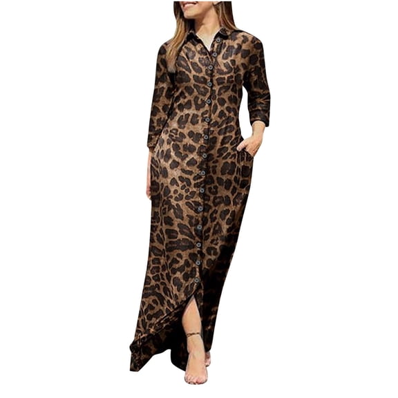 ICHUANYI Women's Casual Turn-down Collar Long Sleeve With Pocket Print Long Dresses Fashion Cloth 2024