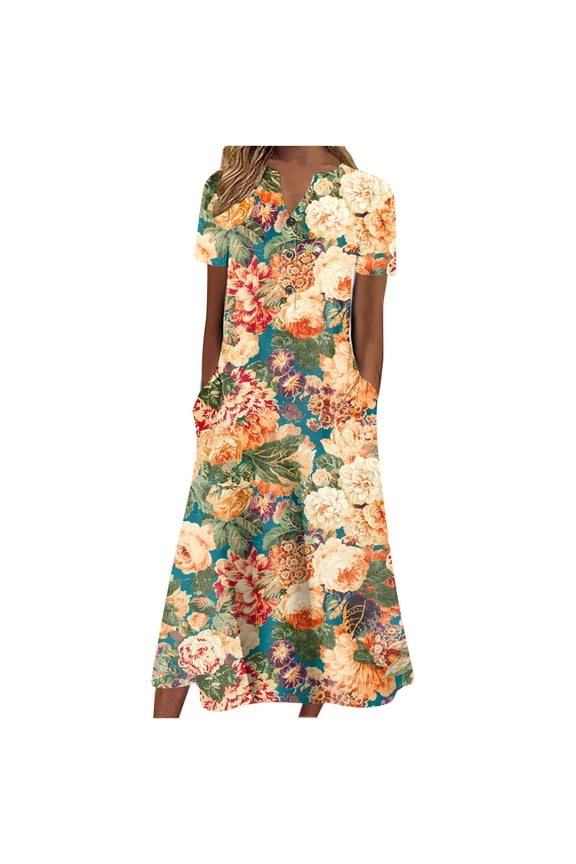 ICHUANYI Women's Casual V Neck Dress Buttons Short Sleeve With Pocket Floral Print Dresses Spring Summer Clothing
