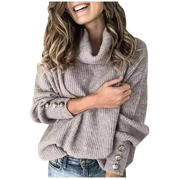 ICHUANYI Women's Causal Fall Winter Turtleneck Knitted Sweater Long Sleeve Solid Jumper Pullover Elegant Tops with Buttons