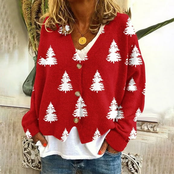 ICHUANYI Women's Christmas Button Solid Knit Sweater V Neck Christmas Print Cardigan Long Sleeve Coat