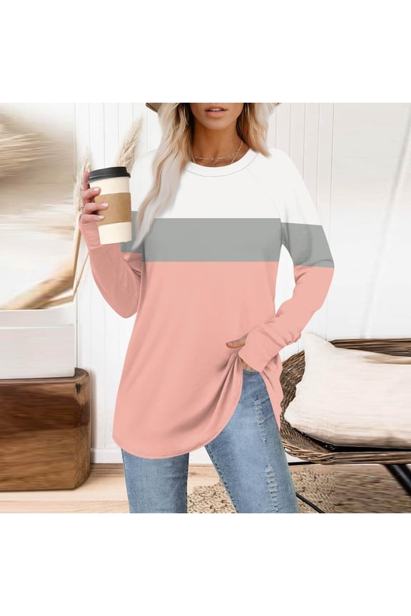 ICHUANYI Women's Color Block Stripe Tunic Tops Casual Long Sleeve Shirts Round Neck Pullover Top