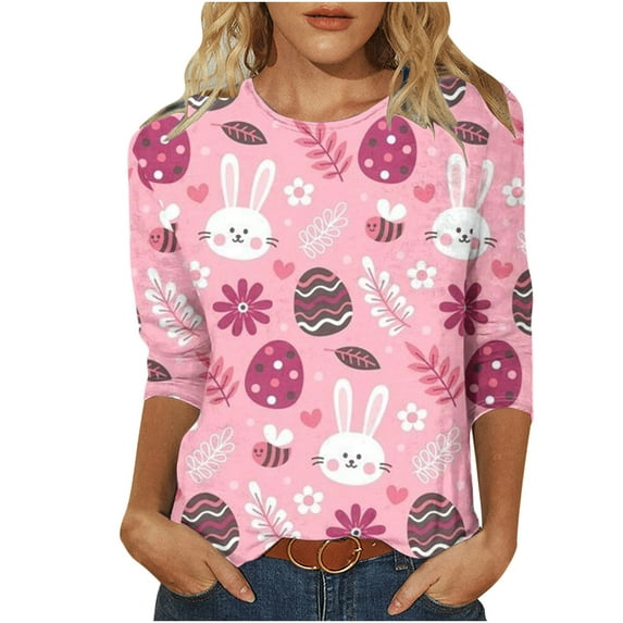 ICHUANYI Women's Easter Tops Print T-shirt 3/4 Sleeves Blouse Crew Neck Casual Shirts Summer