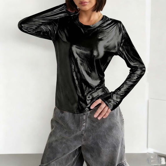 ICHUANYI Women's Everyday Basic Shiny Tees, Loose Long Sleeve Tops Round Neck Slim Fit Shiny for Spring Fall, Long Sleeved Round Neck Base Top