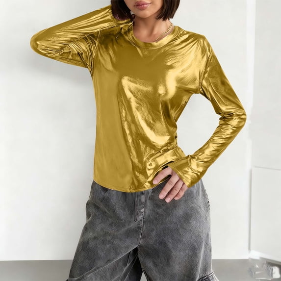 ICHUANYI Women's Everyday Basic Shiny Tees, Loose Long Sleeve Tops Round Neck Slim Fit Shiny for Spring Fall, Long Sleeved Round Neck Base Top