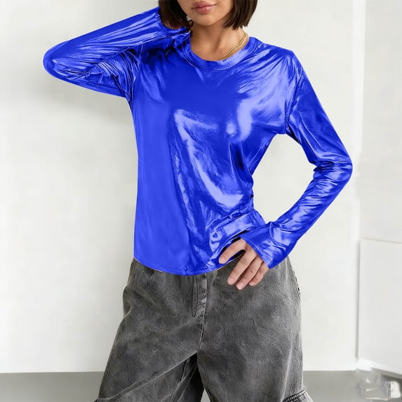 ICHUANYI Women's Everyday Basic Shiny Tees, Loose Long Sleeve Tops Round Neck Slim Fit Shiny for Spring Fall, Long Sleeved Round Neck Base Top