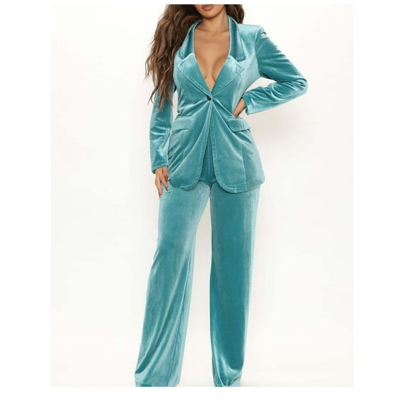 ICHUANYI Women's Fahion 2 Piece Golden Velvet Office Work Suit Set One Button Blazer and Pants Fall Winter Outfits 2023