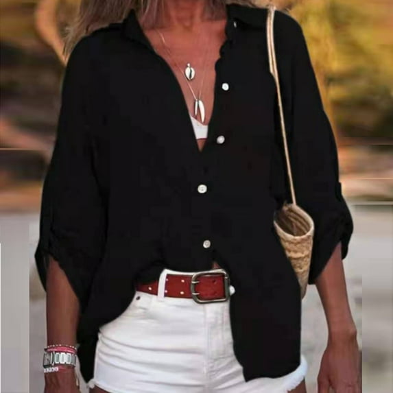 ICHUANYI Women's Fall Button Shirts Lapel Long Sleeve Blouses V Neck Casual Solid Loose Tops