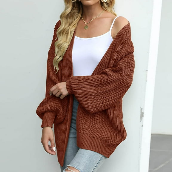 ICHUANYI Women's Fall Winter Trendy Casual Open Front Cardigan Sweaters Oversized Solid Lantern Long Sleeve Knit Chunky Outwear Coats