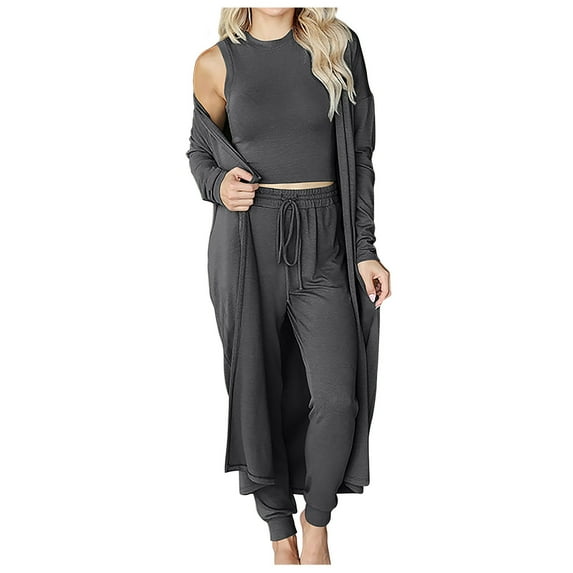 ICHUANYI Women's Fashion 3 Piece Sweatsuit Open Front Long Cardigan Tops Wide Legs Pants Lounge Sets Fall Winter Clothes