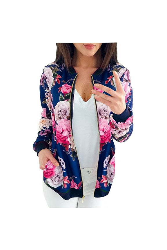 ICHUANYI Women's Fashion Bomber Jacket Floral Casual Loose Coat Zip Outerwear Windbreaker Fall Winter Clothes Outfits 2023