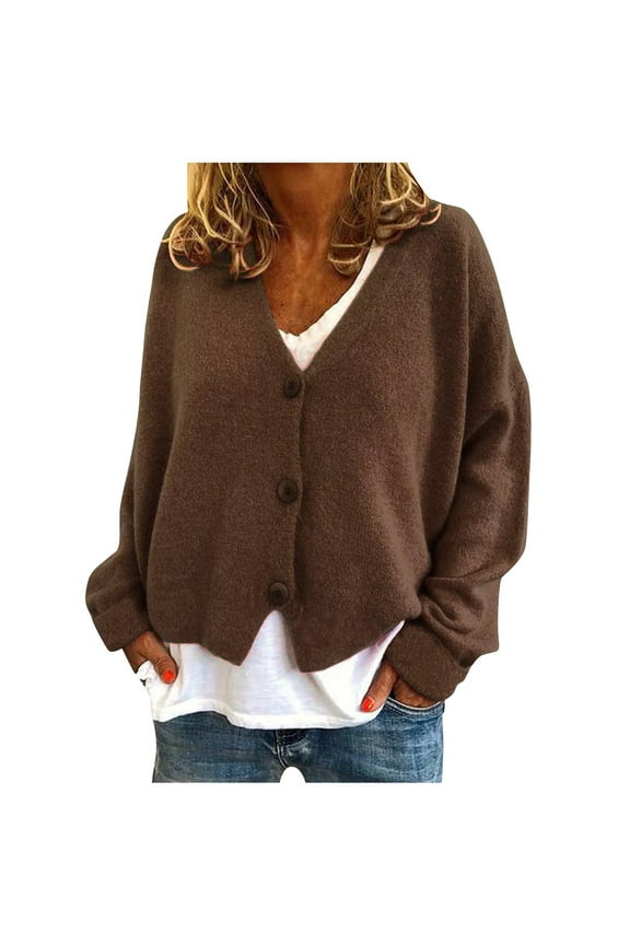 ICHUANYI Women's Fashion Button Solid Knit Sweater V Neck Cardigan Long Sleeve Coat