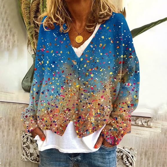 ICHUANYI Women's Fashion Button Solid Knit Sweater V Neck Cardigan Long Sleeve Coat