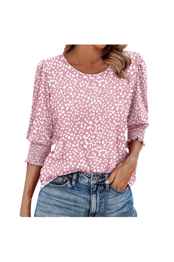 ICHUANYI Blouses for Women Dressy Casual 3/4 Length Sleeve Womens Tops Casual Smocked Cuffs Graphic Printed Fashion Shirts