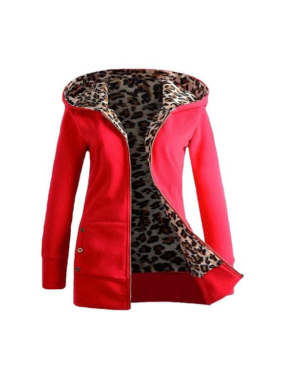 ICHUANYI Women's Fashion Outwear Zip Up Hoodie Light Oversized Coat Leopard Patchwork Tunic Hooded Sweatshirt Fall Winter Jacket with Pockets