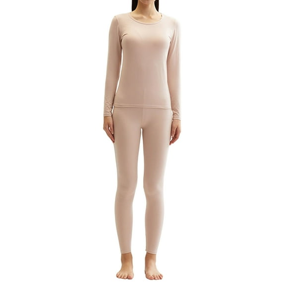 ICHUANYI Women's Fashion Tight Crew Neck Cotton Thermal Underwear Solid Shirt Trousers Two-piece Set