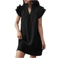 thumbnail image 1 of ICHUANYI Women's Fashion V Neck Solid Color Short Sleeve Shirred Ruffle Hem Dress, 1 of 5