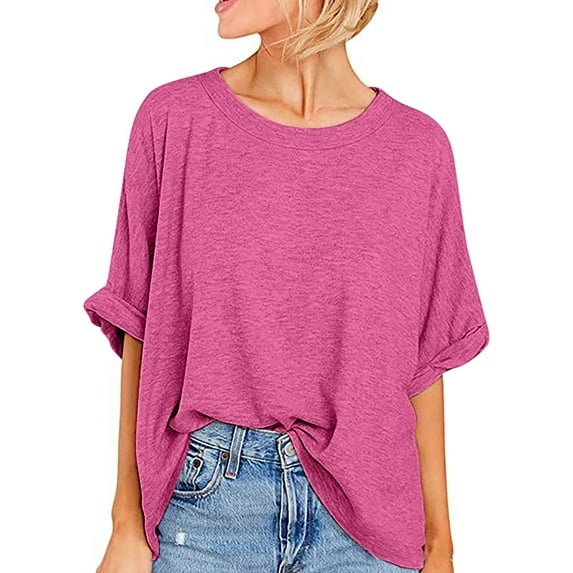 ICHUANYI Women's Large T-shirt Summer Casual Loose Short Sleeve Solid Color Loose T-shirt Top