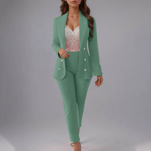 ICHUANYI Women's Long Sleeve Solid Color 2 Pieces Blazers Set Casual Elegant Business Suit Sets for Work