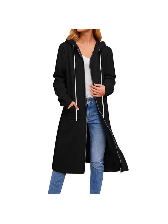 ICHUANYI Women's Long Zip Up Hoodie Light Oversized Thin Tunic Hooded Sweatshirt Jacket with Pockets