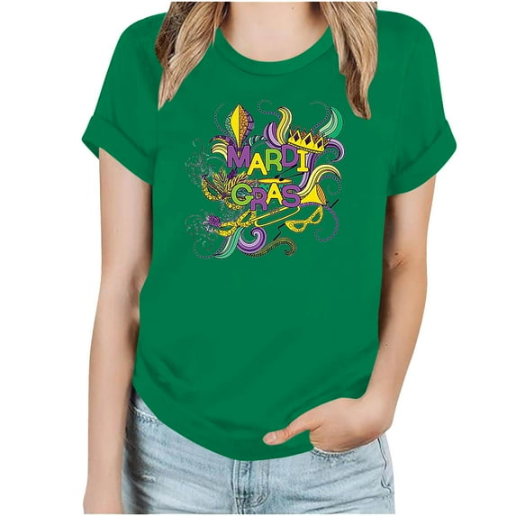 ICHUANYI Women's Mardi Gras Fashion Short Sleeve Crewneck Print T-shirt Casual Loose Shirt Tops Cloth New Trending