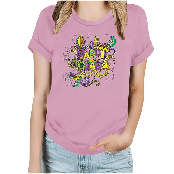 ICHUANYI Women's Mardi Gras Fashion Short Sleeve Crewneck Print T-shirt Casual Loose Shirt Tops Cloth New Trending
