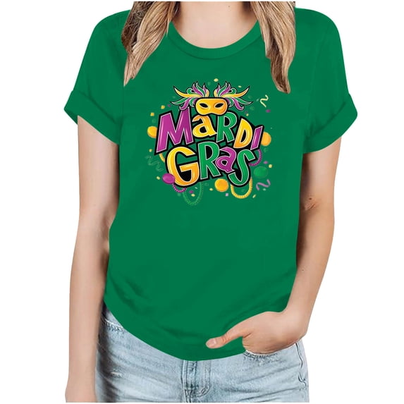 ICHUANYI Women's Mardi Gras Tee Stylish Crewneck Print Short Sleeve T-shirt Casual Loose Shirt Tops Cloth New Trending