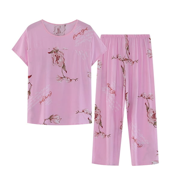 ICHUANYI Women's Pajama Sets Two Piece Home Wear Short Sleeve Crewneck Print Tops Pants Set Summer Deal