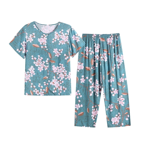 ICHUANYI Women's Pajama Sets Two Piece Set Short Sleeve Crewneck Floral Print Tops Pants Set