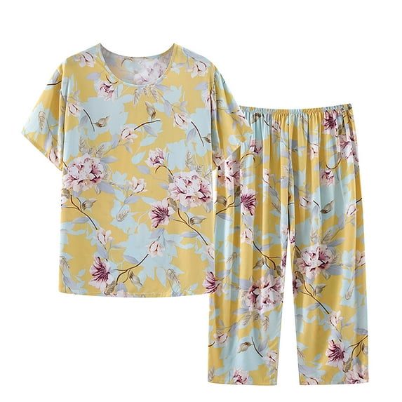 ICHUANYI Women's Pajama Sets Two Piece Set Short Sleeve Crewneck Print Tops Pants Set