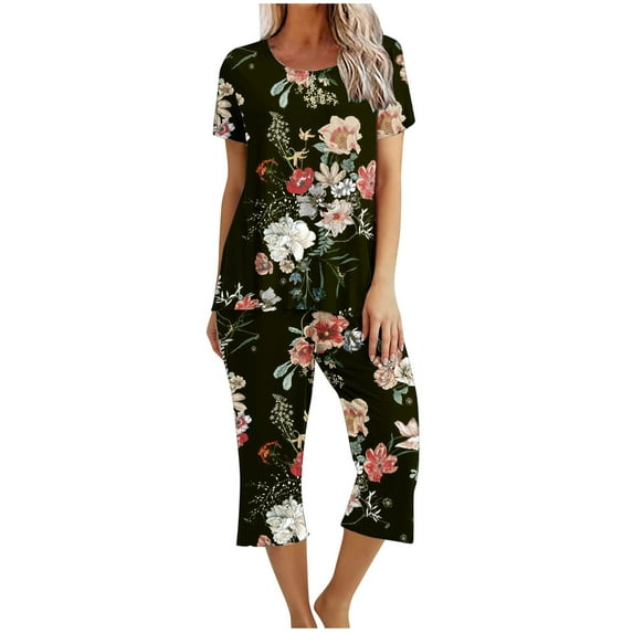 ICHUANYI Women's Pajamas Sets Floral Print Round Neck Short Sleeve Shirt Pants Sets Loungewear