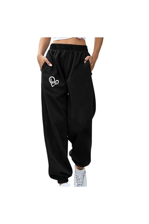 ICHUANYI Women's Pants Stylish Casual Love Print Padded Plush Sweatpants Winter