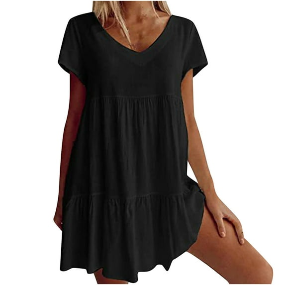 ICHUANYI Women's Plus Casual V-Neck Short Sleeve Folding Solid Dresses Spring Summer New Trending 2024