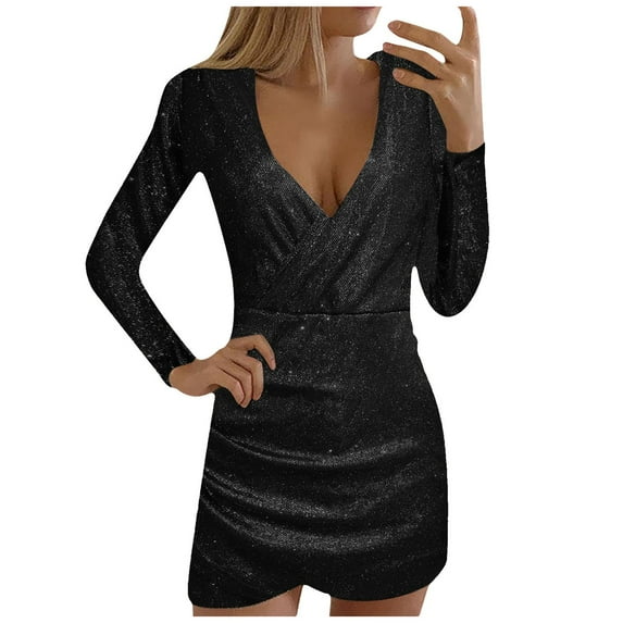 ICHUANYI Women's Plus Short Sleeve Stylish Elegant V-neck Hip Irregular Short-sleeved Sequin Skirt Dress Spring Summer New Trending 2024