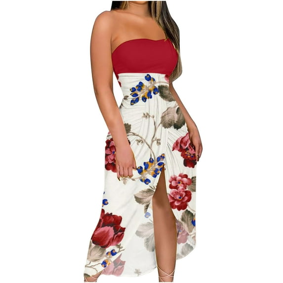 ICHUANYI Women's Print Strapless Long Dress Beach Split Dress Party Club Dress Fashion Cloth 2024