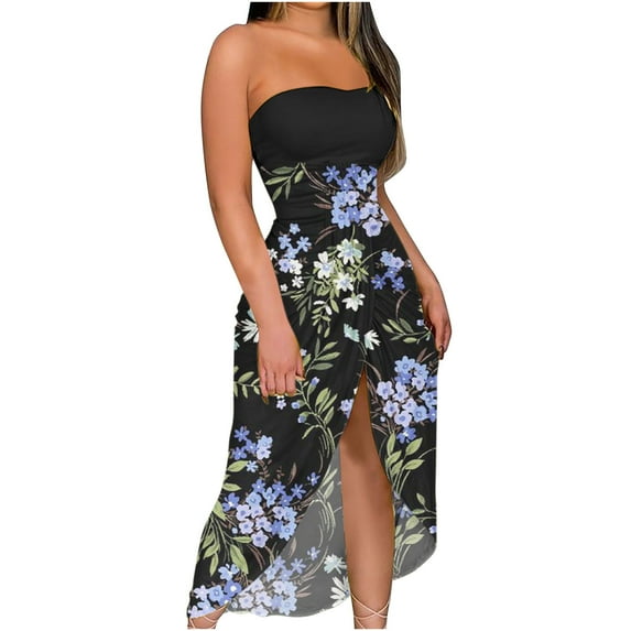 ICHUANYI Women's Print Strapless Long Dress Beach Split Dress Party Club Dress Fashion Cloth 2024
