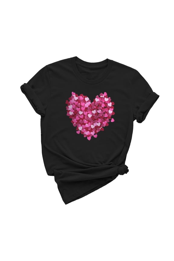 ICHUANYI Women's Shirts Fashion Casual Crew Neck Short Sleeve Tops Valentine's Day Print T-shirt Cloth New Trending