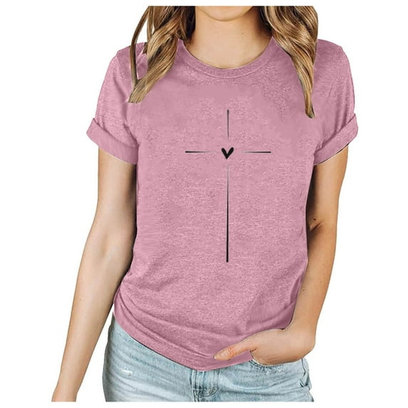ICHUANYI Women's Shirts Summer Print Crew Neck Short Sleeve T Shirt Top