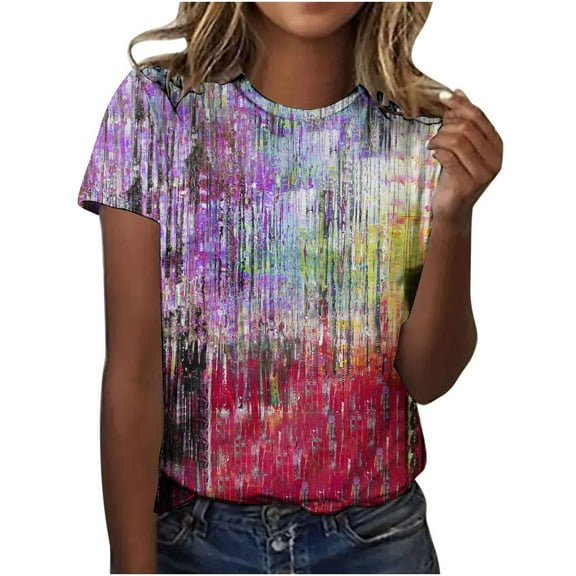 ICHUANYI Women's Short Sleeves Crew Neck T Shirt Fashion Summer Floral Print Regular Tops