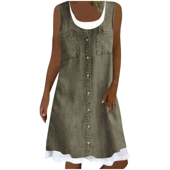 ICHUANYI Women's Sleeveless Tank Dress Crew Neck Summer Sundresses Casual Pleated Knee Length Dresses