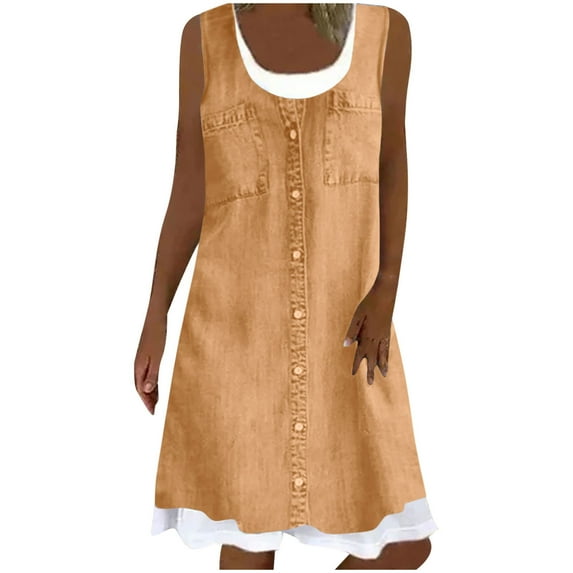 ICHUANYI Women's Sleeveless Tank Dress Crew Neck Summer Sundresses Casual Pleated Knee Length Dresses