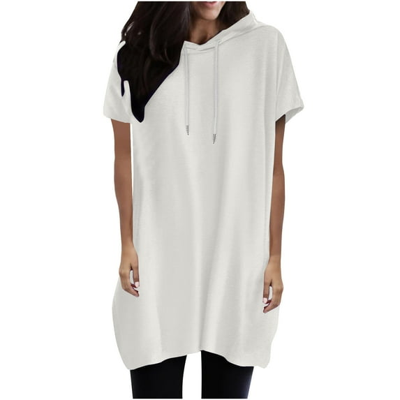 ICHUANYI Women's Solid Color Hooded Drawstring Crew Neck Short Sleeve T-shirt Loose Top