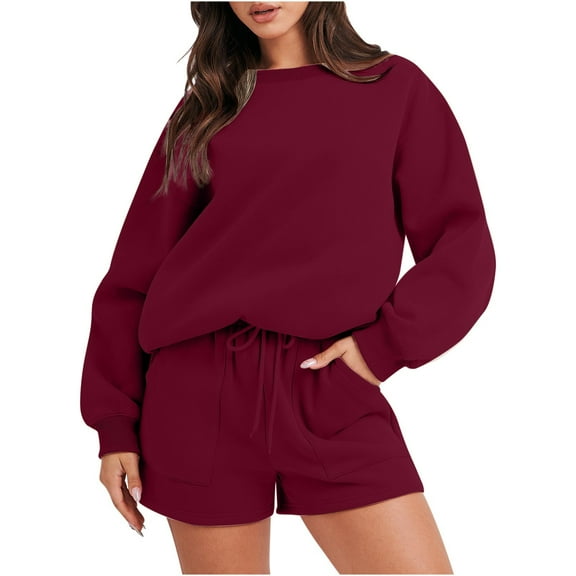 ICHUANYI Women’s Solid Color Outwear Set Long Sleeve Tops With Shorts Lounge Set Casual Two-Piece Sleepwear